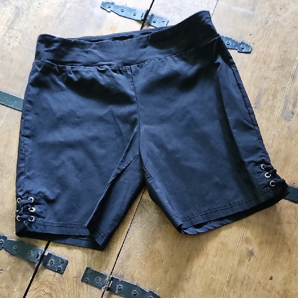 #140  High Waist Black Women's Shorts With Lace Criss Cross Side Sz Med